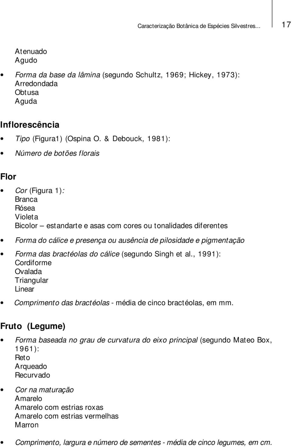 e pigmentação Forma das bractéolas do cálice (segundo Singh et al., 1991): Cordiforme Ovalada Triangular Linear Comprimento das bractéolas - média de cinco bractéolas, em mm.