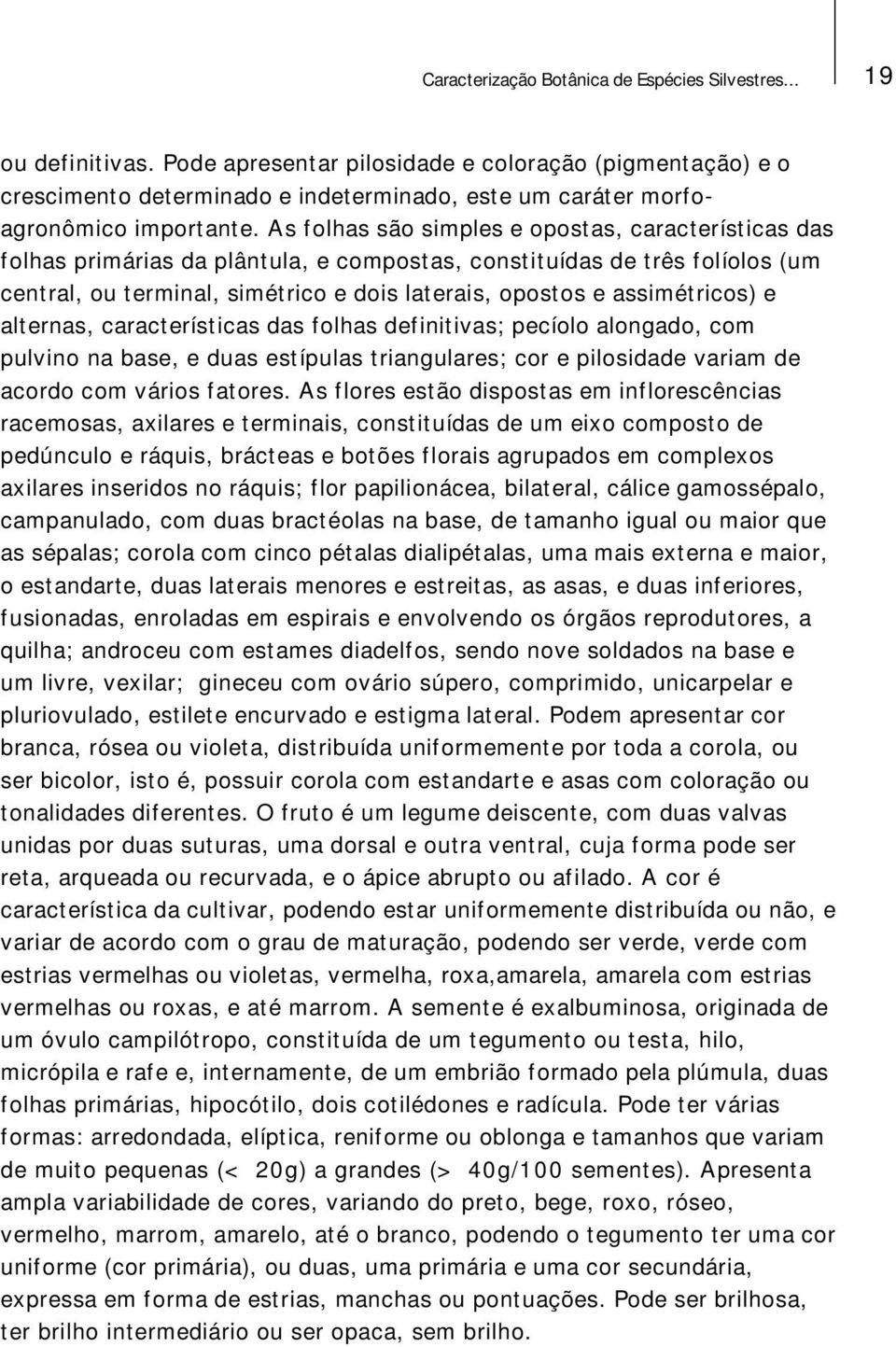 As folhas são simples e opostas, características das folhas primárias da plântula, e compostas, constituídas de três folíolos (um central, ou terminal, simétrico e dois laterais, opostos e