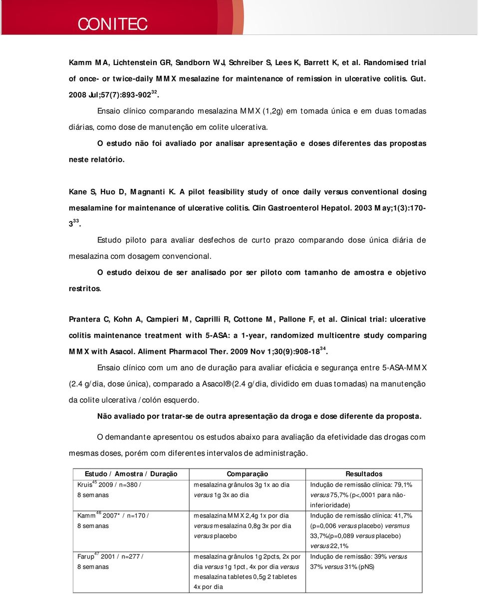 O estudo não foi avaliado por analisar apresentação e doses diferentes das propostas neste relatório. Kane S, Huo D, Magnanti K.