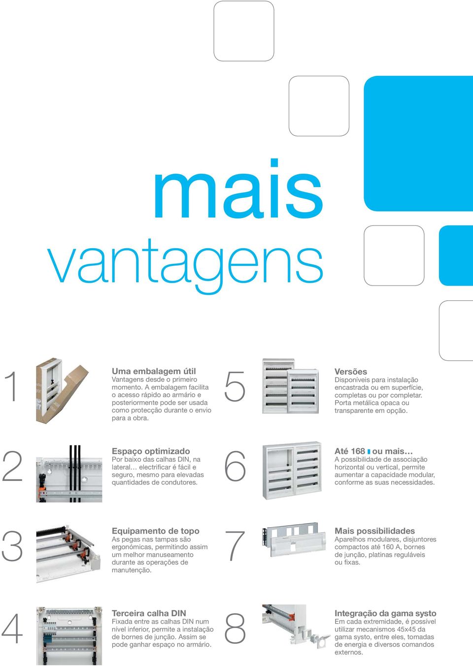 Espaço optimizado Por baixo das calhas DIN, na lateral electrificar é fácil e seguro, mesmo para elevadas quantidades de condutores.