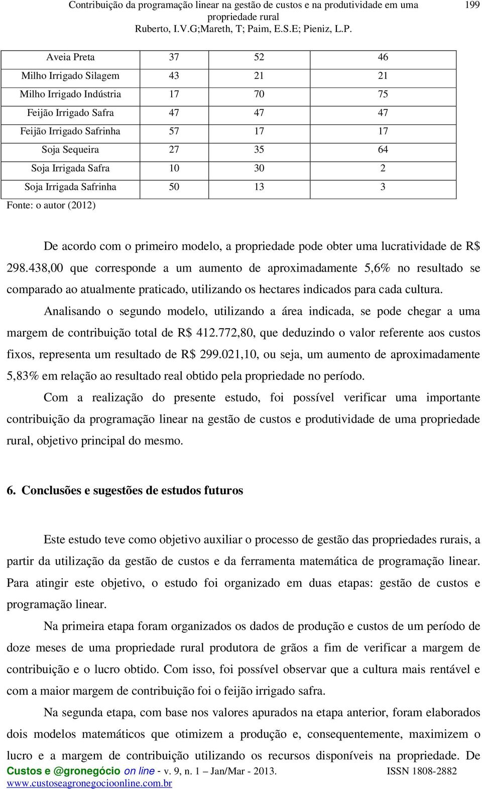 438,00 que corresponde a um aumento de aproximadamente 5,6% no resultado se comparado ao atualmente praticado, utilizando os hectares indicados para cada cultura.