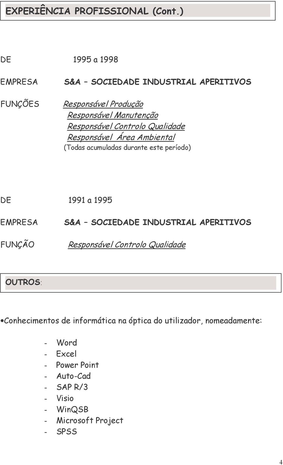 Responsável Área Ambiental (Todas acumuladas durante este período) DE 1991 a 1995 Responsável Controlo