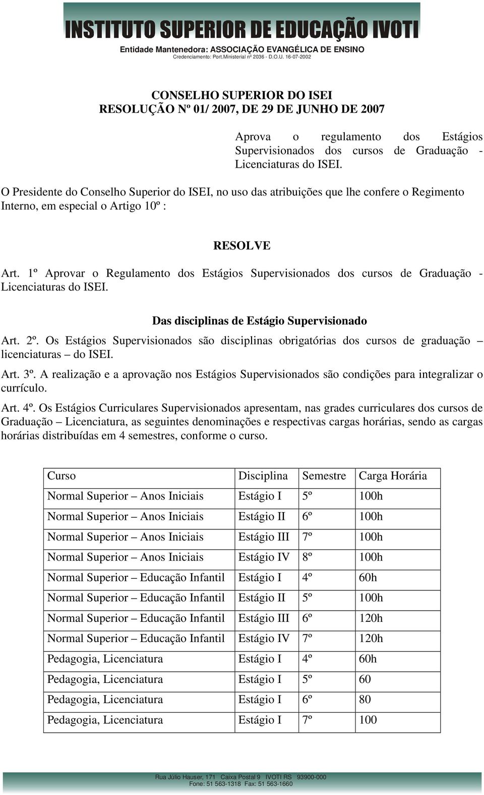 1º Aprovar o Regulamento dos Estágios Supervisionados dos cursos de Graduação - Licenciaturas do ISEI. Das disciplinas de Estágio Supervisionado Art. 2º.