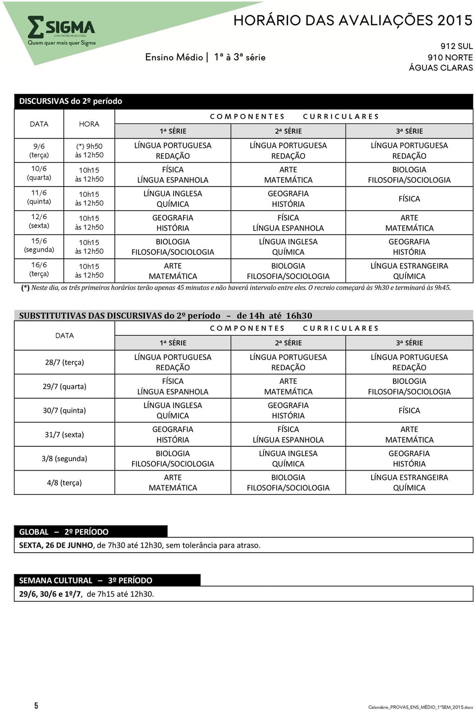 SUBSTITUTIVAS DAS DISCURSIVAS do 2º período de 14h até 16h30 28/7 (terça) 29/7 30/7 (quinta) 31/7 (sexta) 3/8 (segunda) 4/8 (terça) GLOBAL 2º