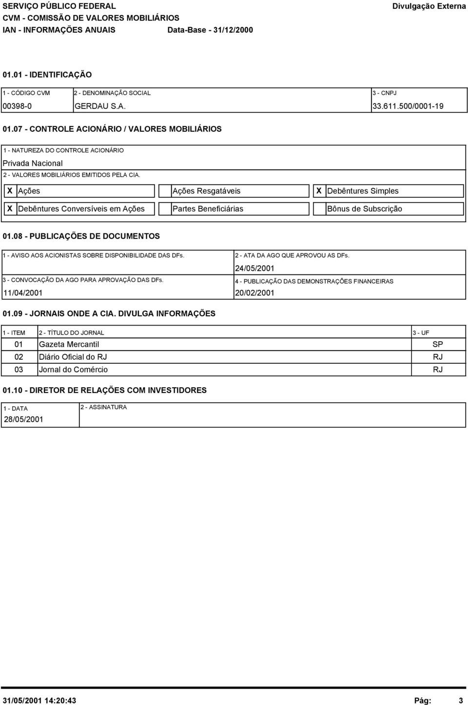 X Ações Ações Resgatáveis X Debêntures Simples X Debêntures Conversíveis em Ações Partes Beneficiárias Bônus de Subscrição 01.