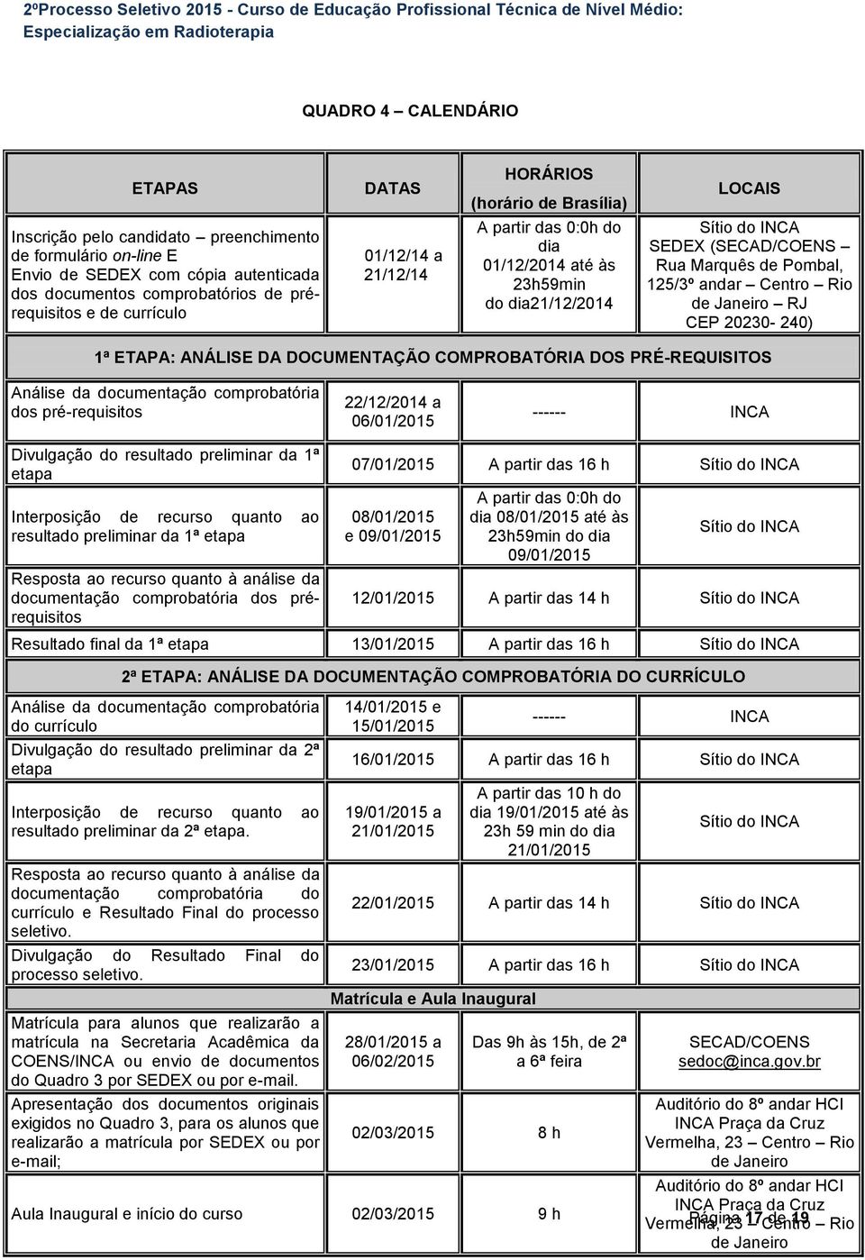 Centro Rio de Janeiro RJ CEP 20230-240) 1ª ETAPA: ANÁLISE DA DOCUMENTAÇÃO COMPROBATÓRIA DOS PRÉ-REQUISITOS Análise da documentação comprobatória dos pré-requisitos 22/12/2014 a 06/01/2015 ------ INCA