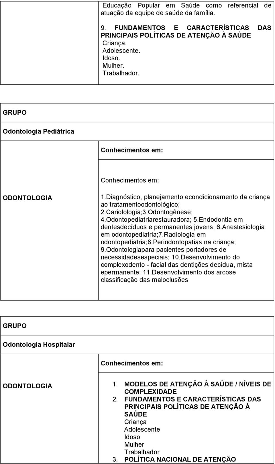 Endodontia em dentesdecíduos e permanentes jovens; 6.Anestesiologia em odontopediatria;7.radiologia em odontopediatria;8.periodontopatias na criança; 9.