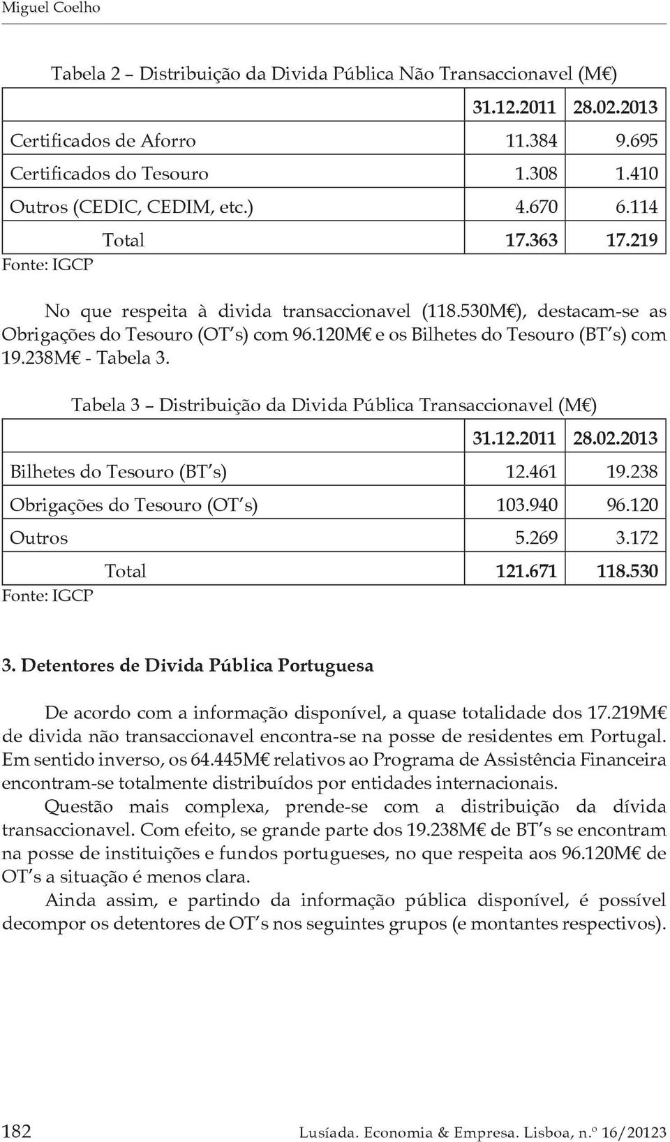 238M - Tabela 3. Tabela 3 Distribuição da Divida Pública Transaccionavel 31.12.2011 28.02.2013 Bilhetes do Tesouro (BT s) 12.461 19.238 Obrigações do Tesouro (OT s) 103.940 96.120 Outros 5.269 3.