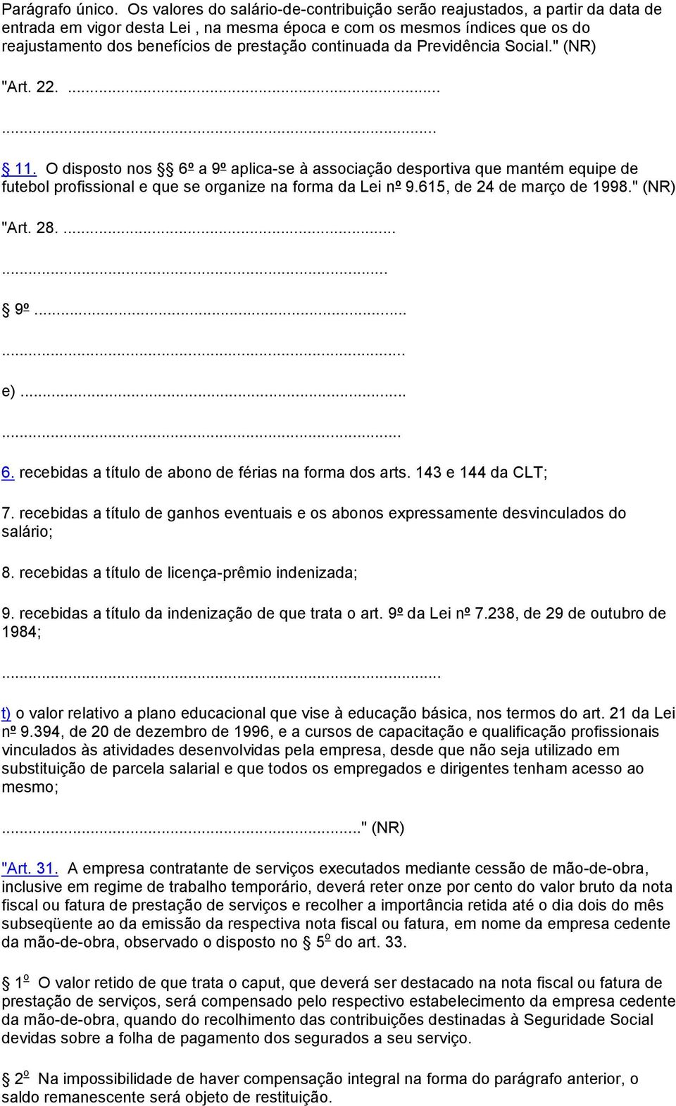 continuada da Previdência Social." (NR) "Art. 22....... 11. O disposto nos 6º a 9º aplica-se à associação desportiva que mantém equipe de futebol profissional e que se organize na forma da Lei nº 9.