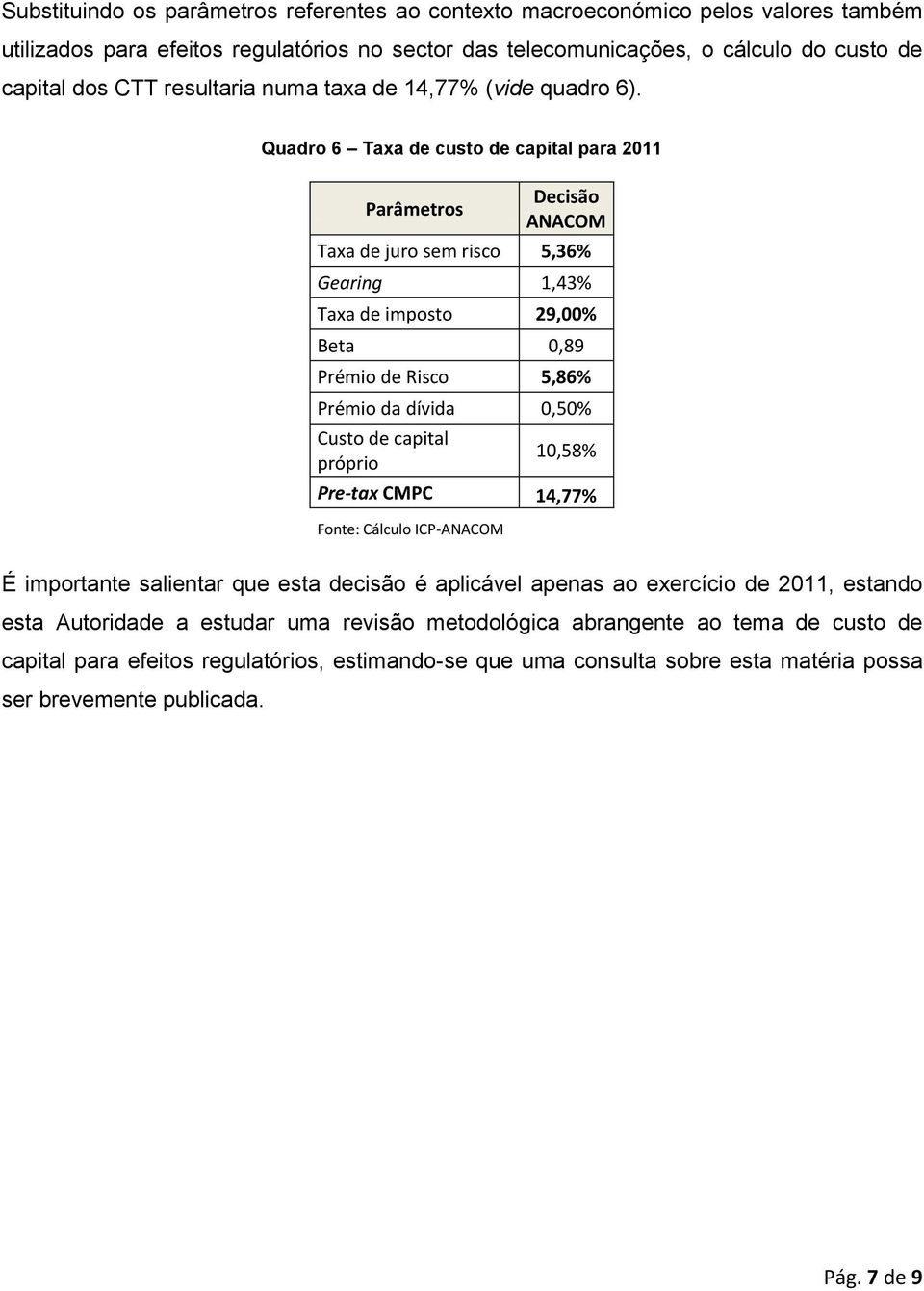 Quadro 6 Taxa de custo de capital para 2011 Parâmetros Decisão ANACOM Taxa de juro sem risco 5,36% Gearing 1,43% Taxa de imposto 29,00% Beta 0,89 Prémio de Risco 5,86% Prémio da dívida 0,50% Custo de