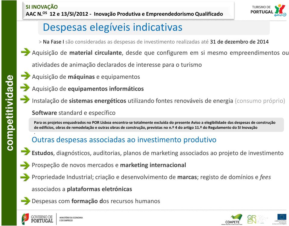 Aquisição de material circulante, desde que configurem em si mesmo empreendimentos ou atividades de animação declarados de interesse para o turismo Aquisição de máquinas e equipamentos Aquisição de