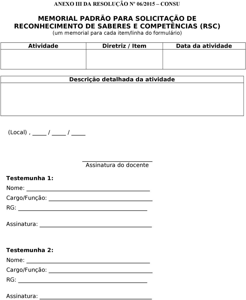 Diretriz / Item Data da atividade Descrição detalhada da atividade (Local), / / Testemunha 1: