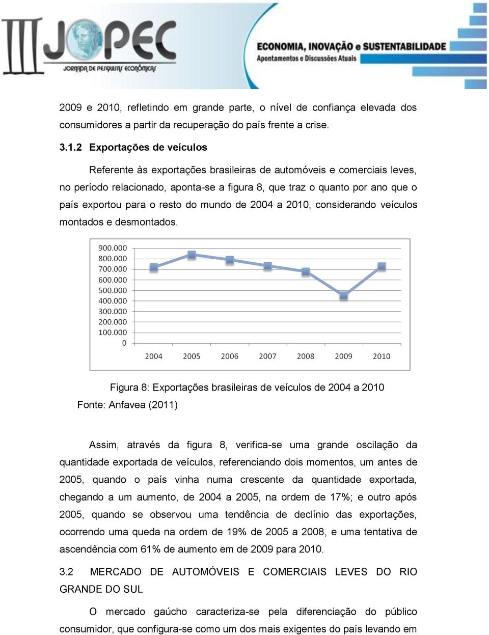 2 Exportações de veículos Referente às exportações brasileiras de automóveis e comerciais leves, no período relacionado, aponta-se a figura 8, que traz o quanto por ano que o país exportou para o