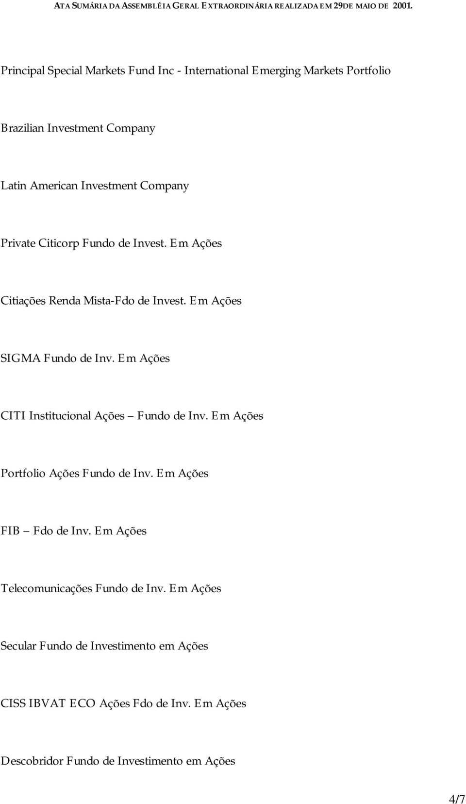 Em Ações CITI Institucional Ações Fundo de Inv. Em Ações Portfolio Ações Fundo de Inv. Em Ações FIB Fdo de Inv.