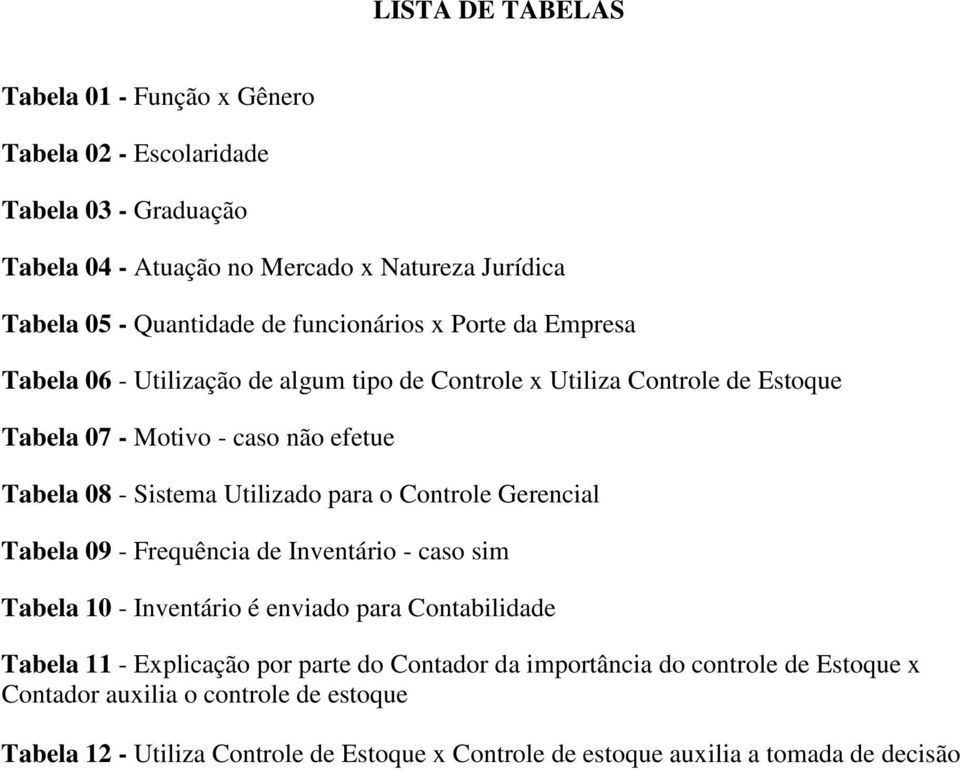 Utilizado para o Controle Gerencial Tabela 09 - Frequência de Inventário - caso sim Tabela 10 - Inventário é enviado para Contabilidade Tabela 11 - Explicação por parte do