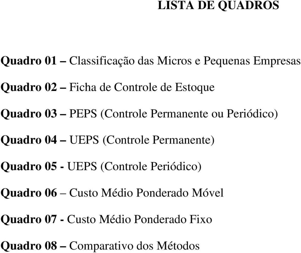 04 UEPS (Controle Permanente) Quadro 05 - UEPS (Controle Periódico) Quadro 06 Custo