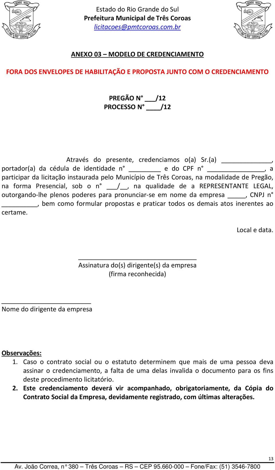 REPRESENTANTE LEGAL, outorgando-lhe plenos poderes para pronunciar-se em nome da empresa, CNPJ n, bem como formular propostas e praticar todos os demais atos inerentes ao certame. Local e data.