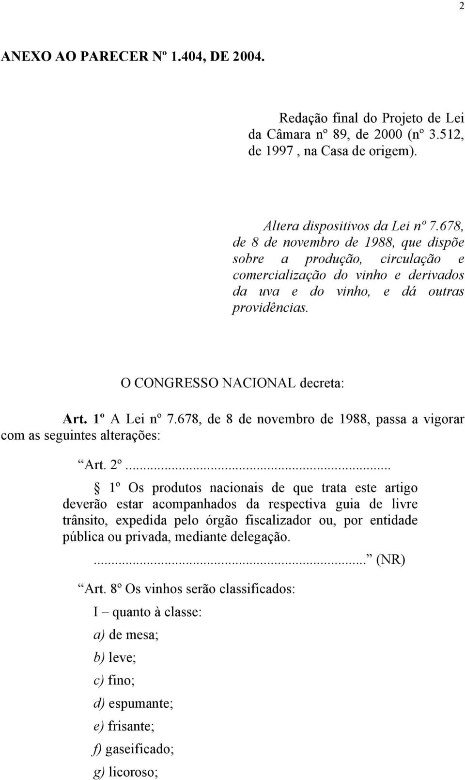 1º A Lei nº 7.678, de 8 de novembro de 1988, passa a vigorar com as seguintes alterações: Art. 2º.