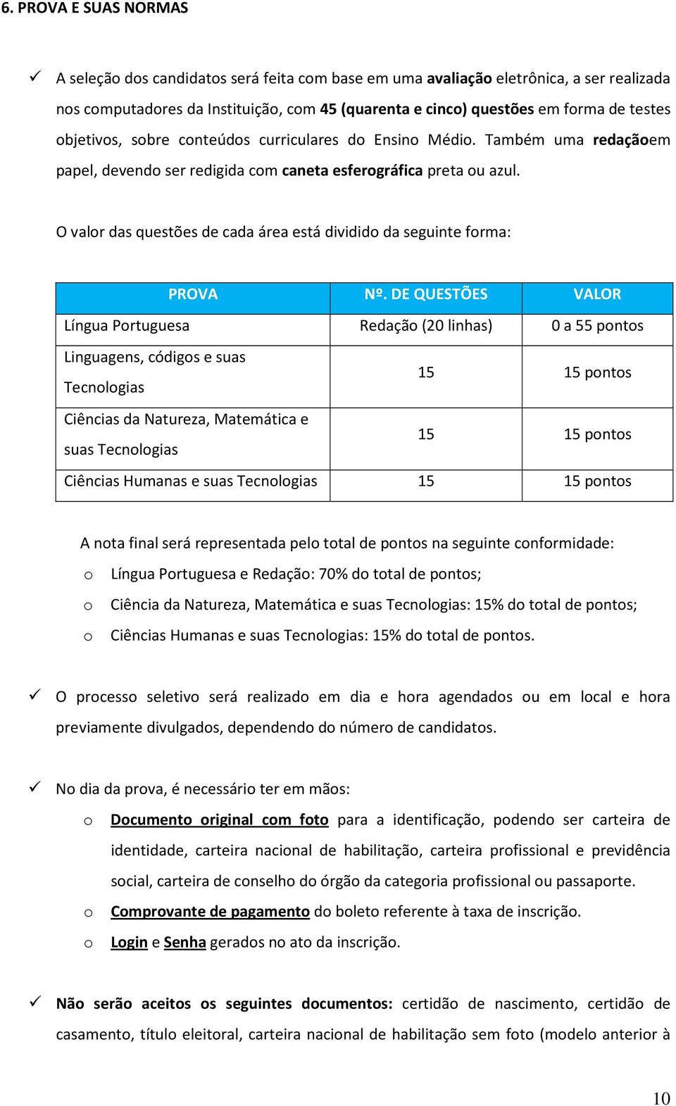 O valor das questões de cada área está dividido da seguinte forma: PROVA Nº.