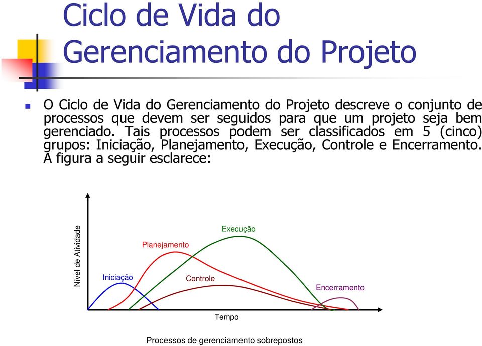 Tais processos podem ser classificados em 5 (cinco) grupos: Iniciação, Planejamento, Execução, Controle e