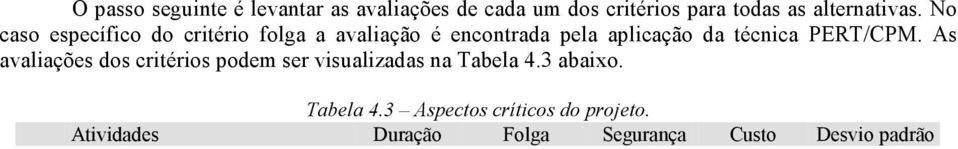 No caso específico do critério folga a avaliação é encontrada pela aplicação da técnica