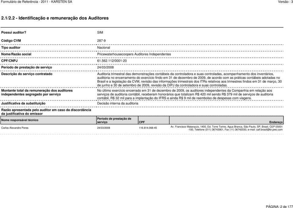 Auditoria trimestral das demonstrações contábeis da controladora e suas controladas, acompanhamento dos inventários, auditoria no encerramento do exercício findo em 31 de dezembro de 2009, de acordo