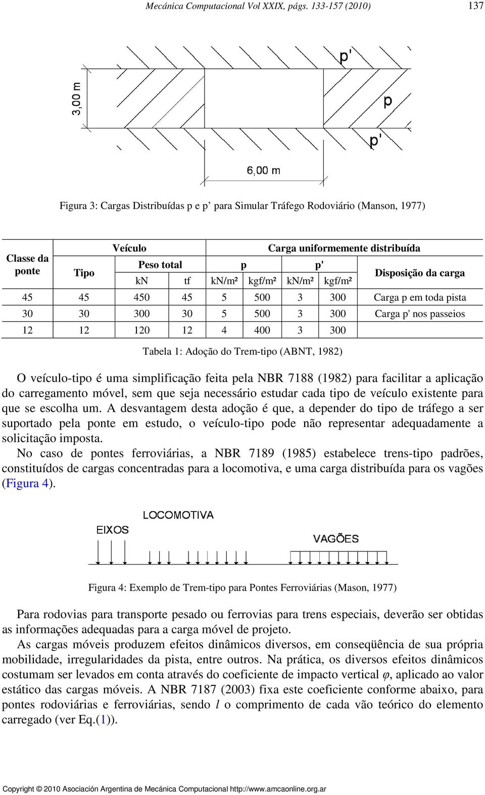 kn/m² kgf/m² Disposição da carga 45 45 45 45 5 5 3 3 Carga p em toda pista 3 3 3 3 5 5 3 3 Carga p' nos passeios 1 1 1 1 4 4 3 3 Tabela 1: Adoção do Trem-tipo (ABNT, 198) O veículo-tipo é uma