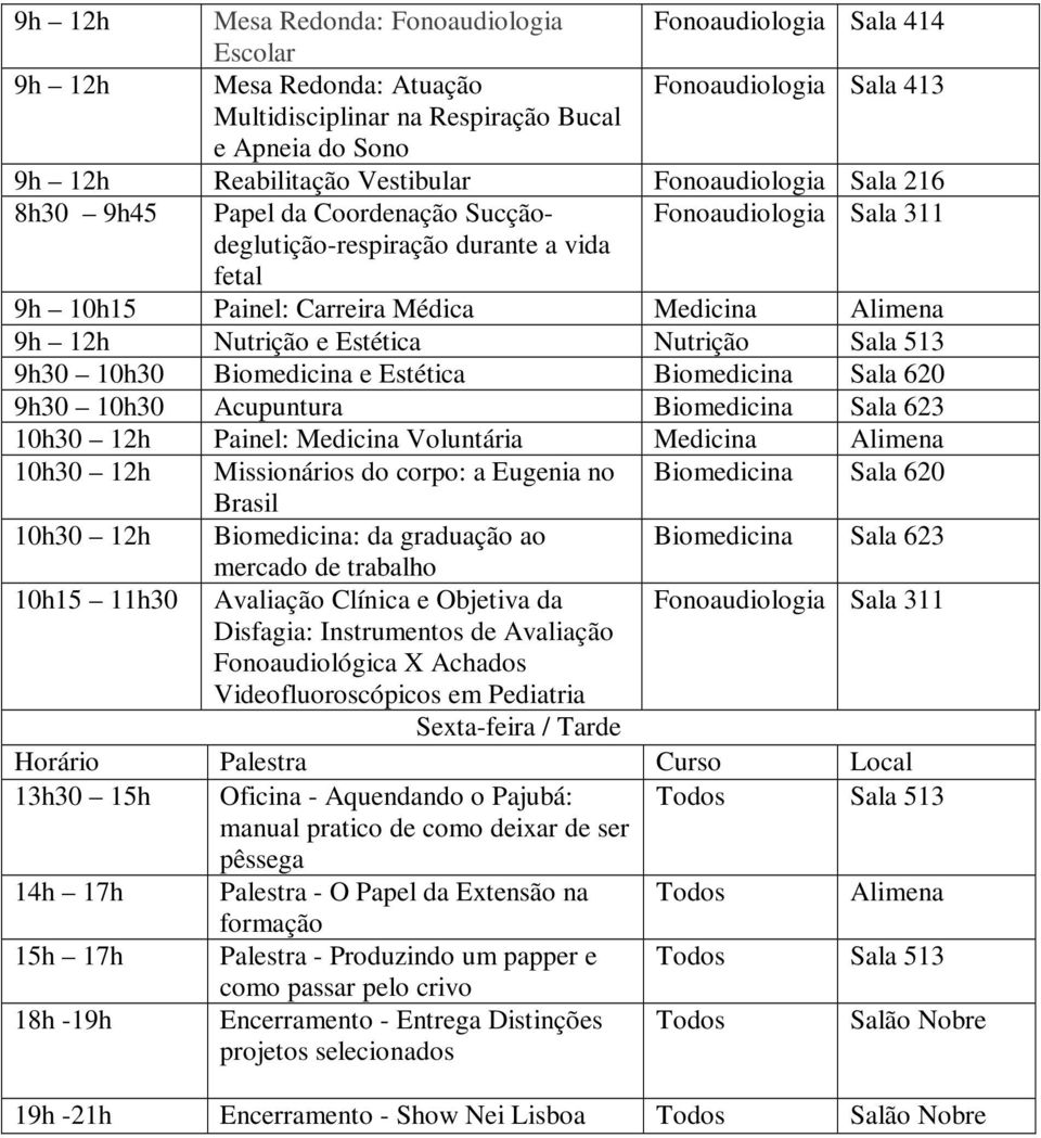 Estética Nutrição Sala 513 9h30 10h30 Biomedicina e Estética Biomedicina Sala 620 9h30 10h30 Acupuntura Biomedicina Sala 623 10h30 Painel: Medicina Voluntária Medicina Alimena 10h30 Missionários do