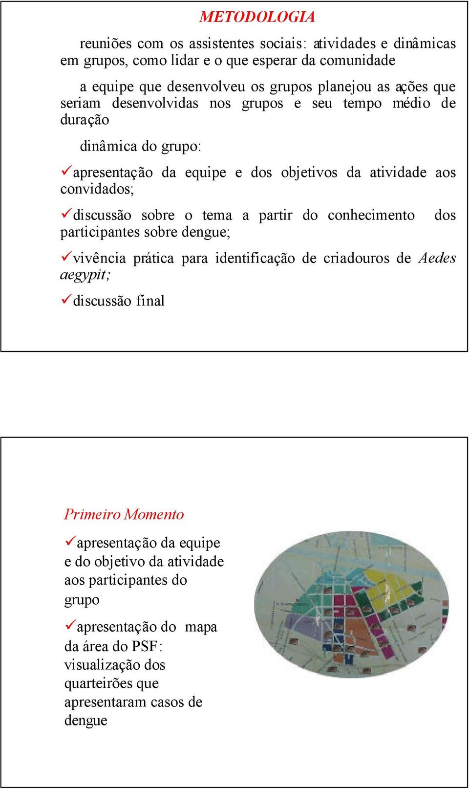 sobre o tema a partir do conhecimento dos participantes sobre dengue; vivência prática para identificação de criadouros de Aedes aegypit; discussão final Primeiro Momento