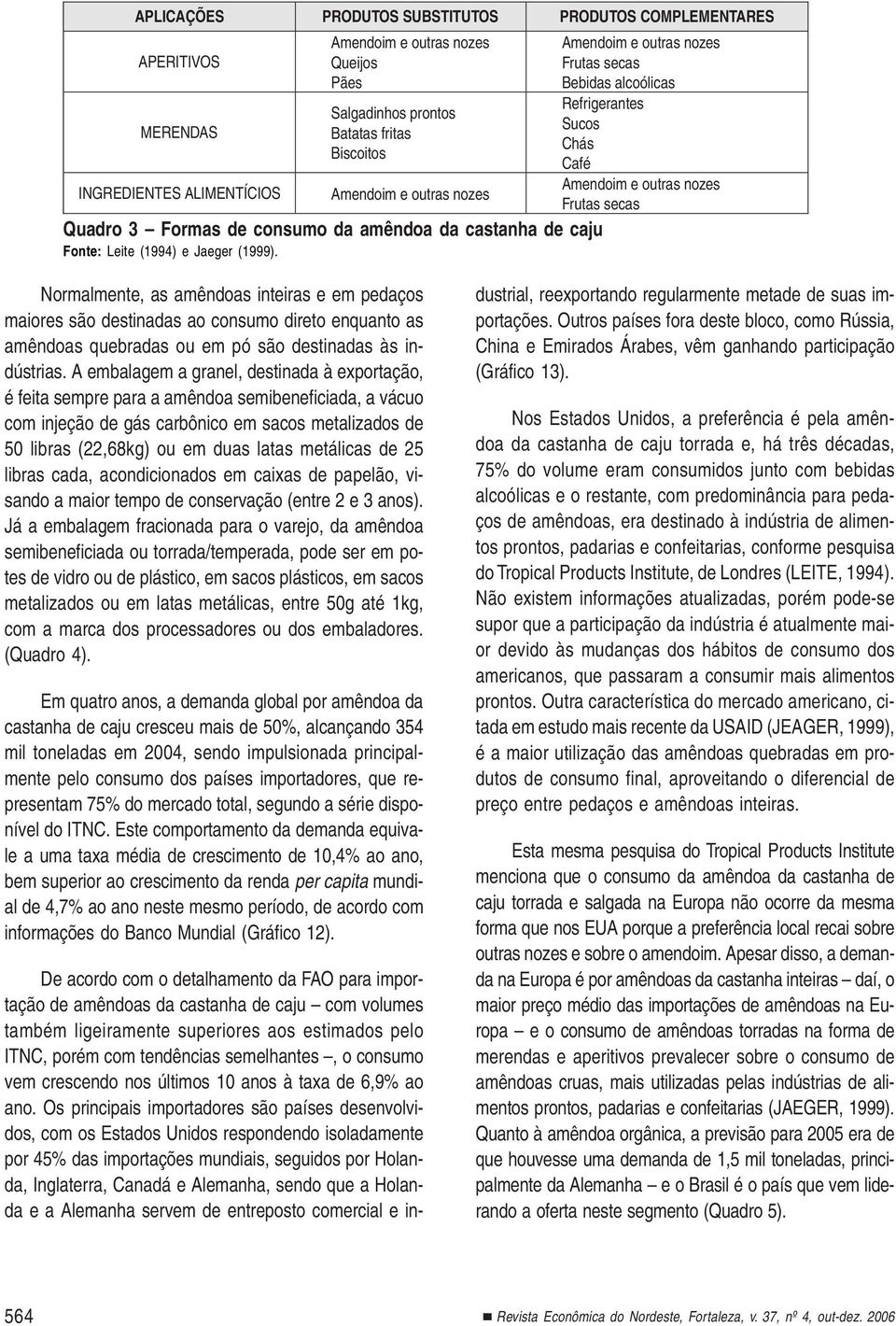 Leite (1994) e Jaeger (1999). Normalmente, as amêndoas inteiras e em pedaços maiores são destinadas ao consumo direto enquanto as amêndoas quebradas ou em pó são destinadas às indústrias.