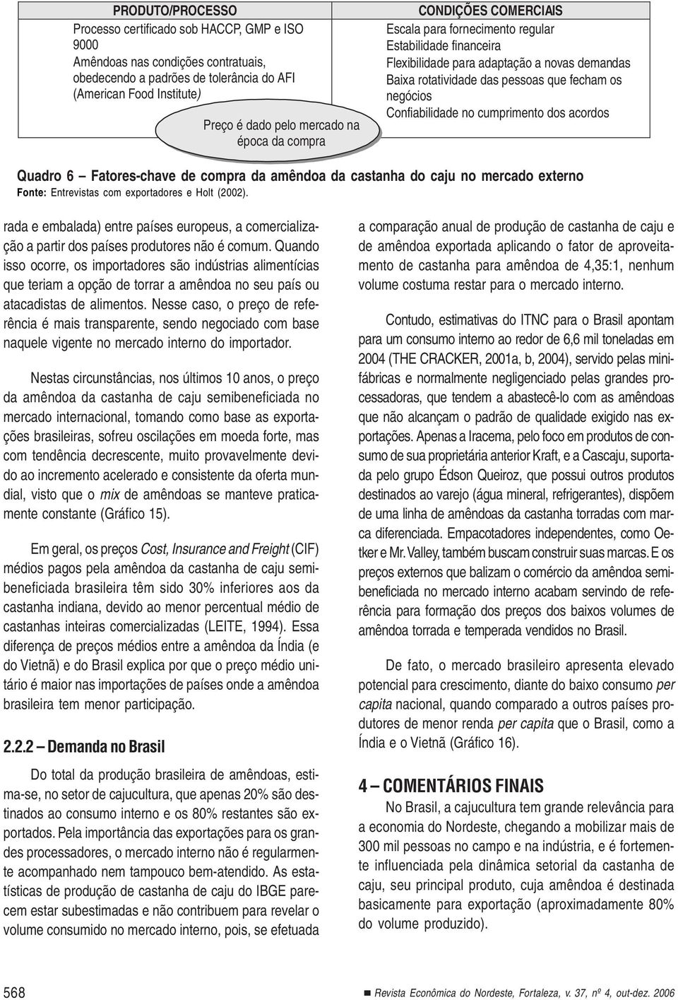 Confiabilidade no cumprimento dos acordos Quadro 6 Fatores-chave de compra da amêndoa da castanha do caju no mercado externo Fonte: Entrevistas com exportadores e Holt (2002).