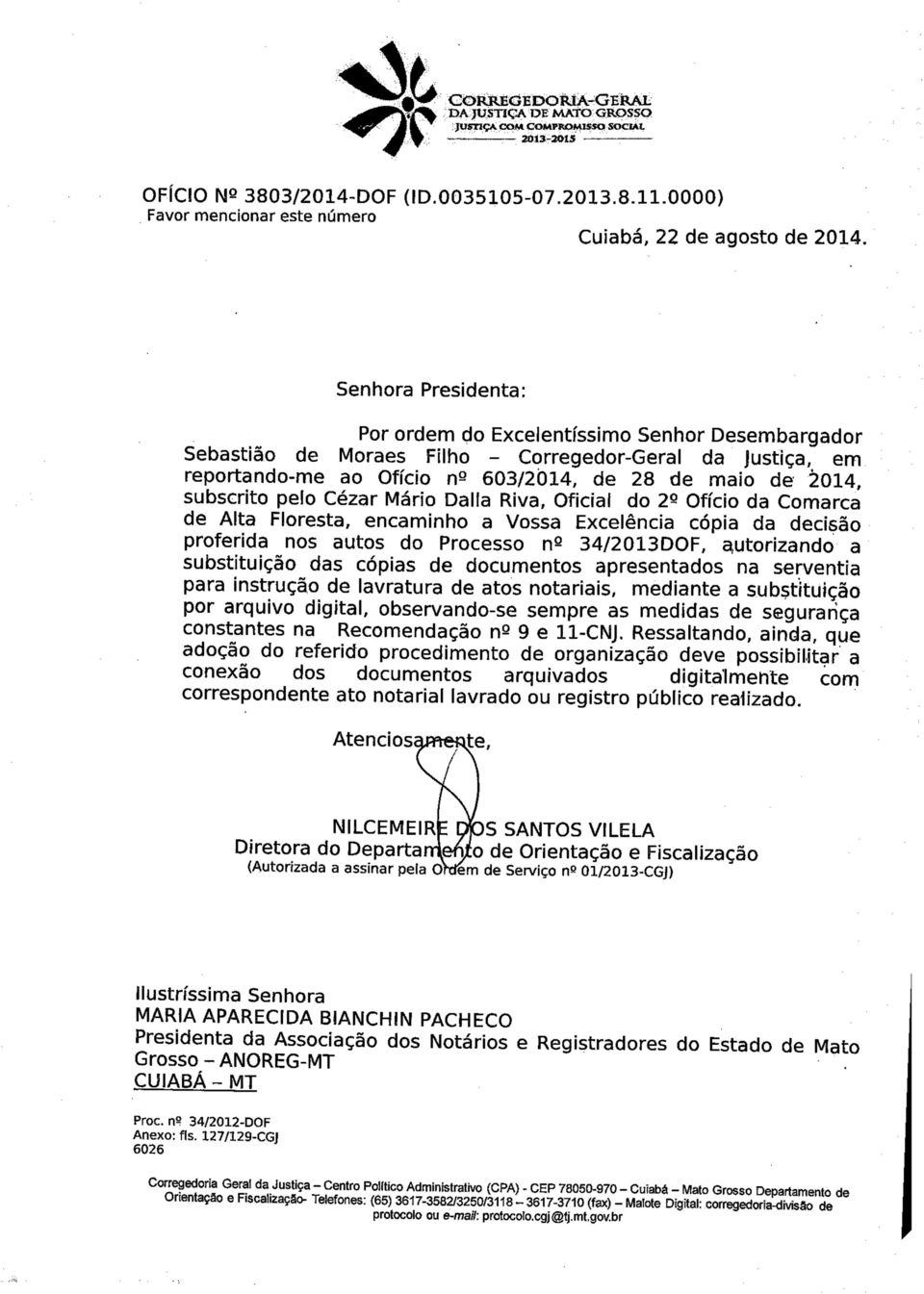 pelo Cézar Mário Dalla Riva, Oficial do 2^ Ofício da Comarca de Alta Floresta, encaminho a Vossa Excelência cópia da decisão proferida nos autos do Processo n 2 34/2013DOF, autorizando a substituição