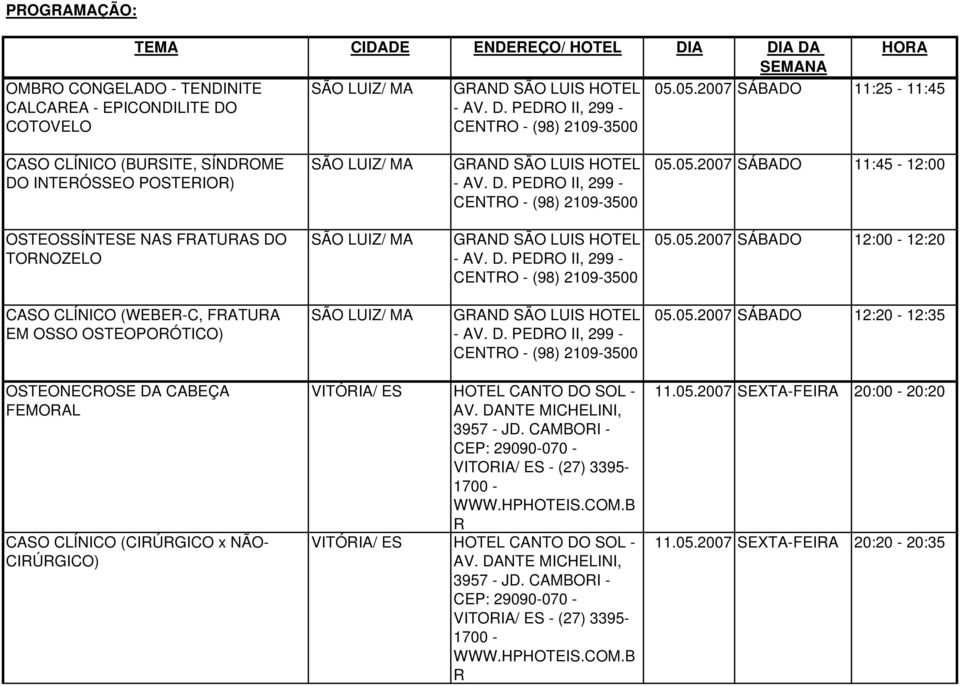 05.2007 SÁBADO 12:00-12:20 CASO CLÍNICO (WEBE-C, FATUA EM OSSO OSTEOPOÓTICO) GAND SÃO LUIS HOTEL 05.05.2007 SÁBADO 12:20-12:35 OSTEONECOSE DA CABEÇA