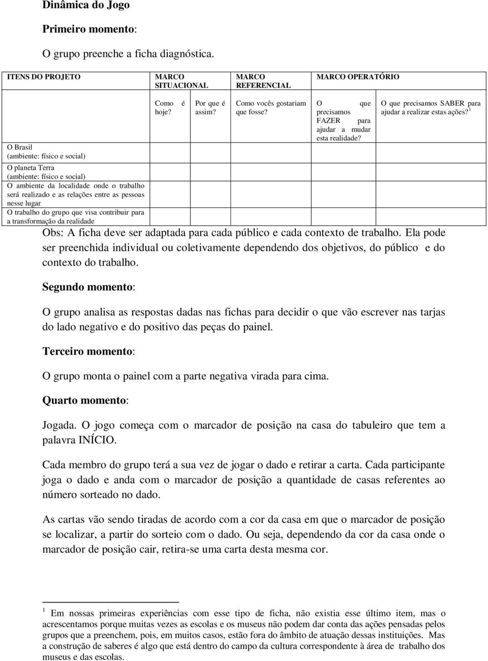 1 O planeta Terra (ambiente: físico e social) O ambiente da localidade onde o trabalho será realizado e as relações entre as pessoas nesse lugar O trabalho do grupo que visa contribuir para a