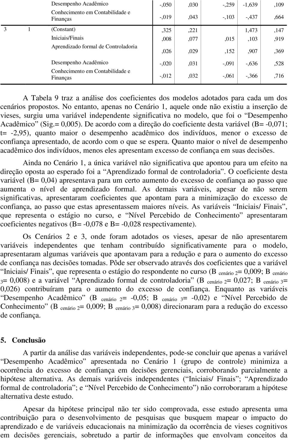 coeficientes dos modelos adotados para cada um dos cenários propostos.