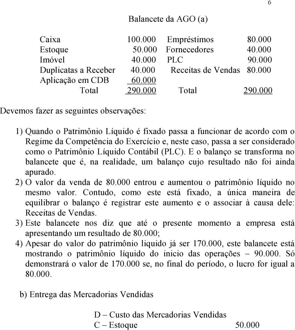 Patrimônio Líquido Contábil (PLC). E o balanço se transforma no balancete que é, na realidade, um balanço cujo resultado não foi ainda apurado. 2) O valor da venda de 80.