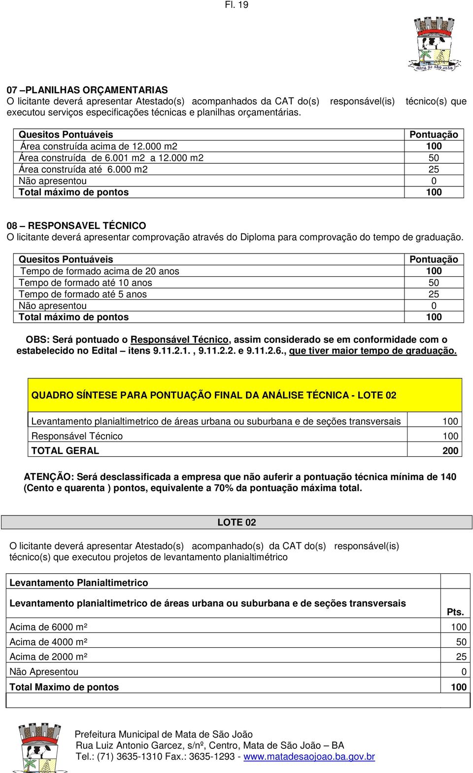 000 m2 25 Não apresentou 0 Total máximo de pontos 100 08 RESPONSAVEL TÉCNICO O licitante deverá apresentar comprovação através do Diploma para comprovação do tempo de graduação.