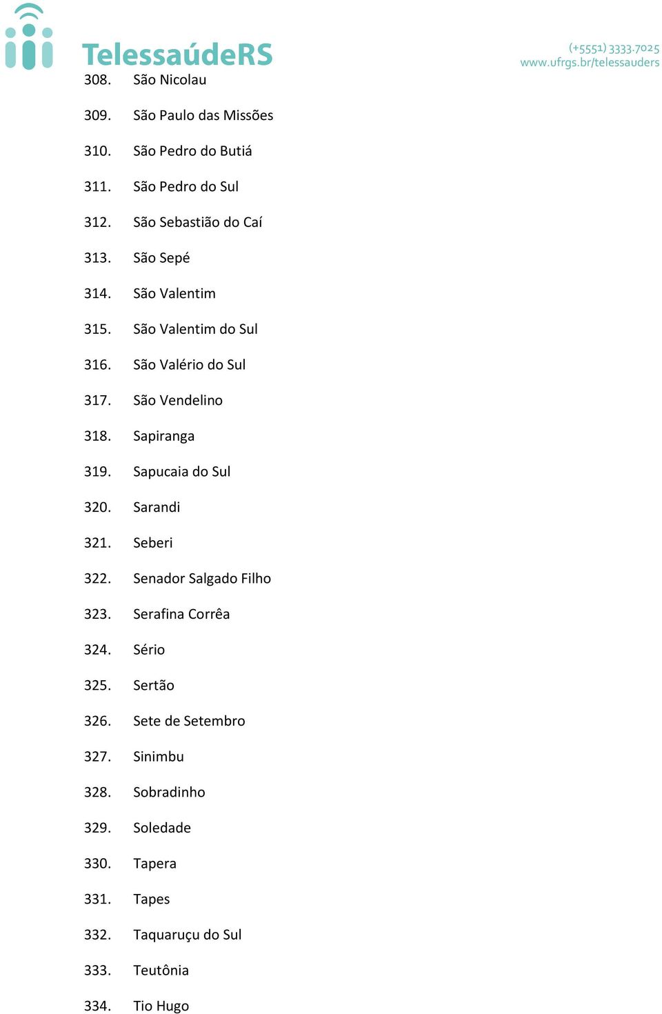 Sapucaia do Sul 320. Sarandi 321. Seberi 322. Senador Salgado Filho 323. Serafina Corrêa 324. Sério 325. Sertão 326.