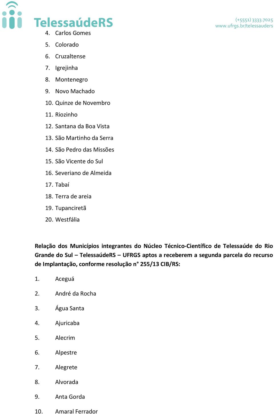 Westfália Relação dos Municípios integrantes do Núcleo Técnico-Científico de Telessaúde do Rio Grande do Sul TelessaúdeRS UFRGS aptos a receberem a segunda parcela