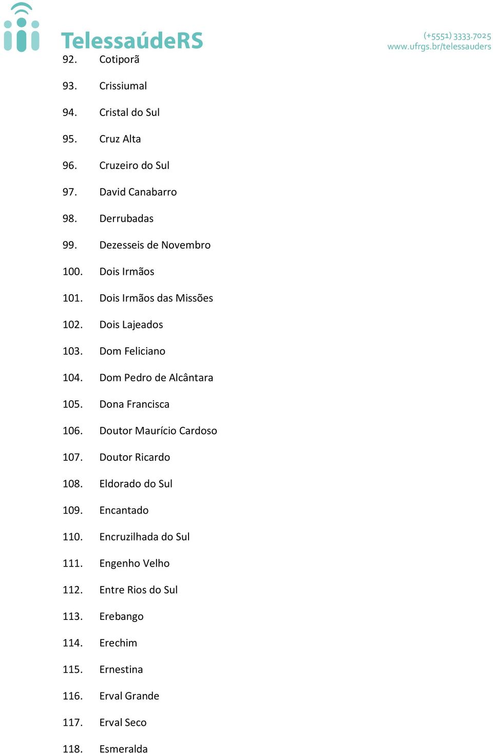 Dom Pedro de Alcântara 105. Dona Francisca 106. Doutor Maurício Cardoso 107. Doutor Ricardo 108. Eldorado do Sul 109.