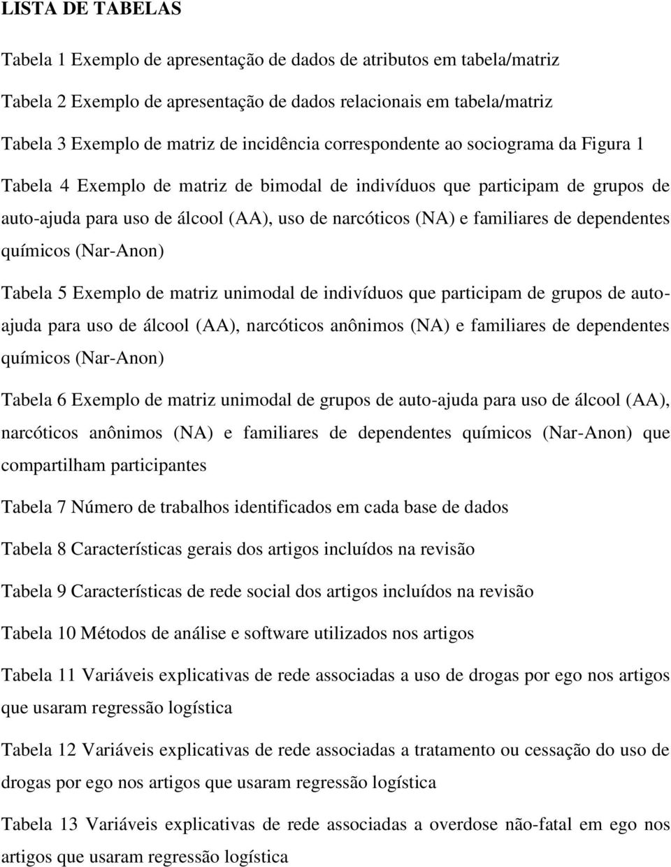 familiares de dependentes químicos (Nar-Anon) Tabela 5 Exemplo de matriz unimodal de indivíduos que participam de grupos de autoajuda para uso de álcool (AA), narcóticos anônimos (NA) e familiares de