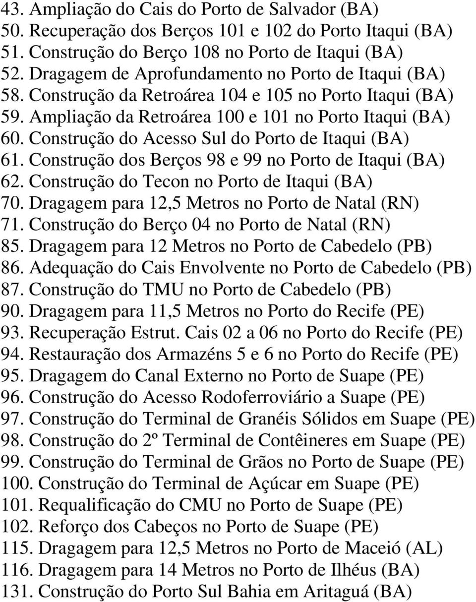 Construção do Acesso Sul do Porto de Itaqui (BA) 61. Construção dos Berços 98 e 99 no Porto de Itaqui (BA) 62. Construção do Tecon no Porto de Itaqui (BA) 70.