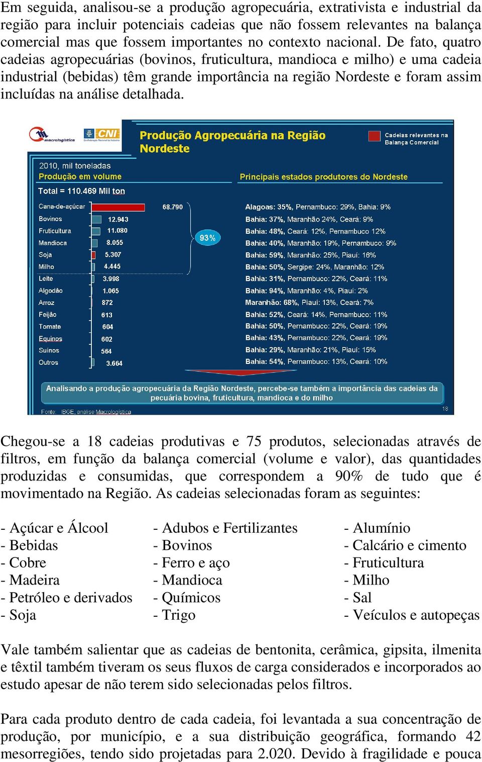 De fato, quatro cadeias agropecuárias (bovinos, fruticultura, mandioca e milho) e uma cadeia industrial (bebidas) têm grande importância na região Nordeste e foram assim incluídas na análise