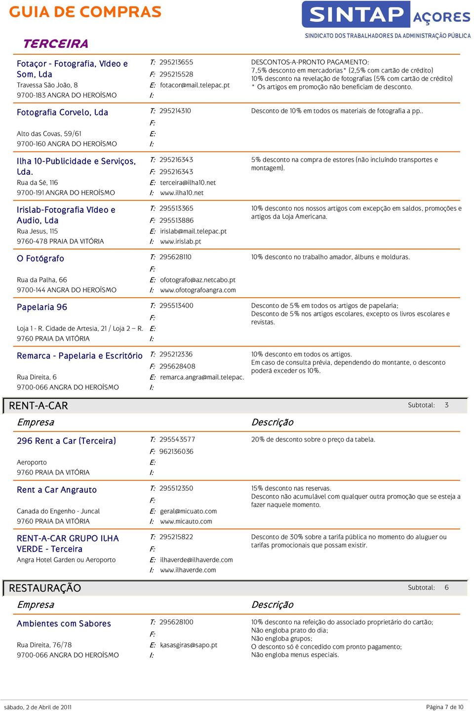de desconto. Fotografia Corvelo, Lda Alto das Covas, 59/61 9700-160 ANGRA DO HEROÍSMO 295214310 Desconto de 10% em todos os materiais de fotografia a pp.. Ilha 10-Publicidade e Serviços, Lda.