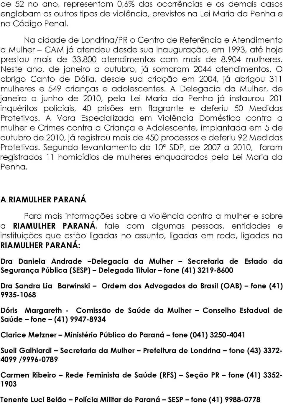 Neste ano, de janeiro a outubro, já somaram 2044 atendimentos. O abrigo Canto de Dália, desde sua criação em 2004, já abrigou 311 mulheres e 549 crianças e adolescentes.