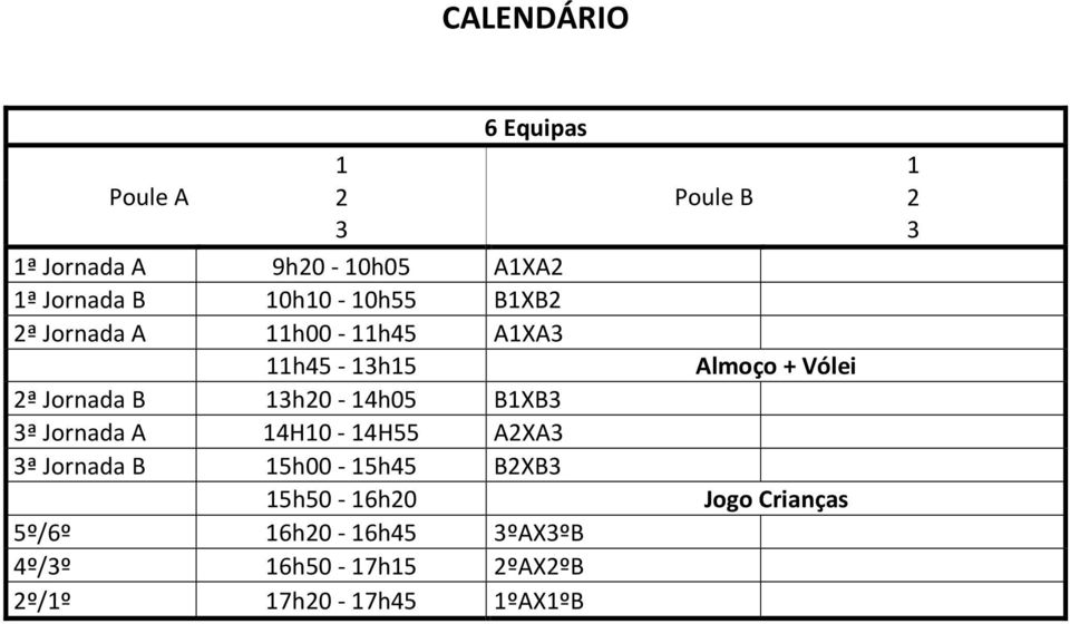 13h20-14h05 B1XB3 3ª Jornada A 14H10-14H55 A2XA3 3ª Jornada B 15h00-15h45 B2XB3