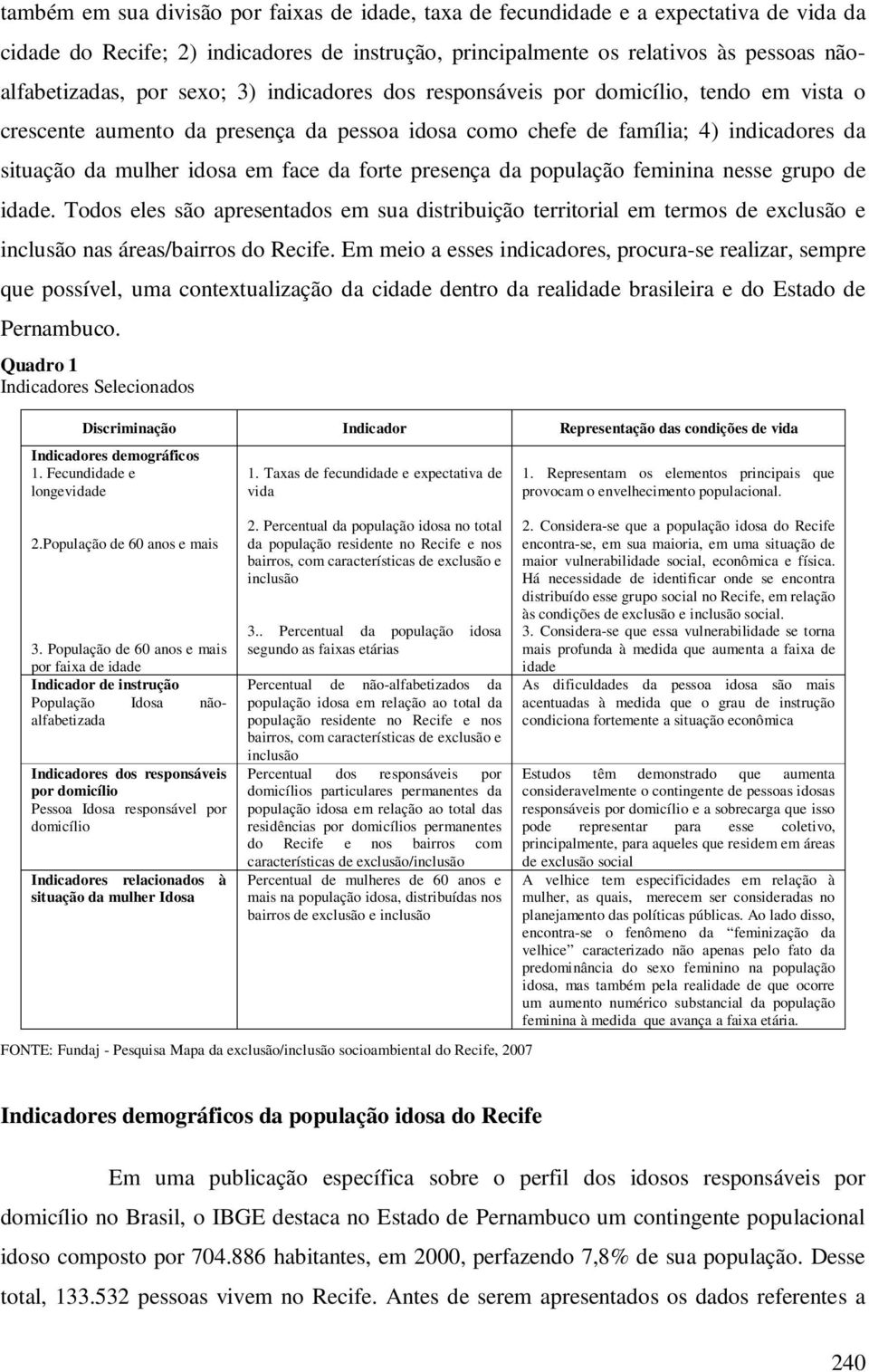 presença da população feminina nesse grupo de idade. Todos eles são apresentados em sua distribuição territorial em termos de exclusão e inclusão nas áreas/bairros do Recife.