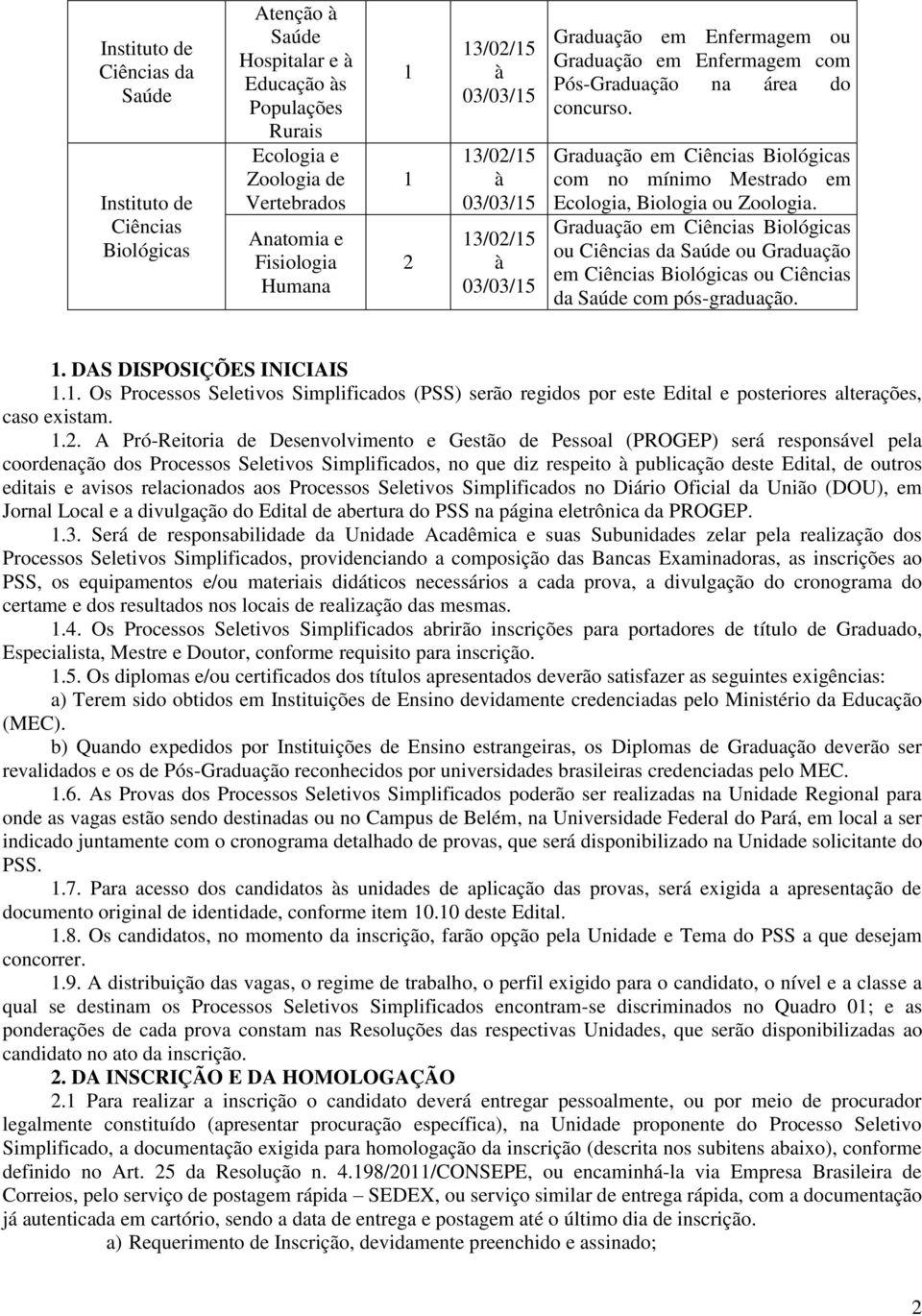 Graduação em Ciências Biológicas ou Ciências da Saúde ou Graduação em Ciências Biológicas ou Ciências da Saúde com pós-graduação.. DAS DISPOSIÇÕES INICIAIS.