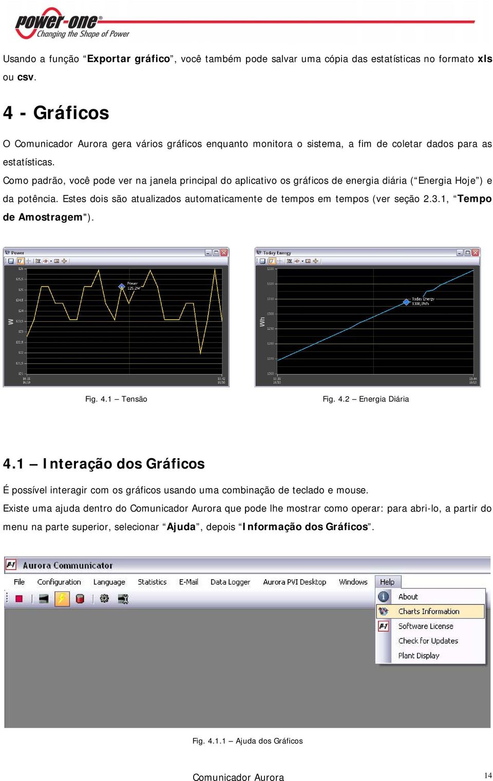 Como padrão, você pode ver na janela principal do aplicativo os gráficos de energia diária ( Energia Hoje ) e da potência. Estes dois são atualizados automaticamente de tempos em tempos (ver seção 2.