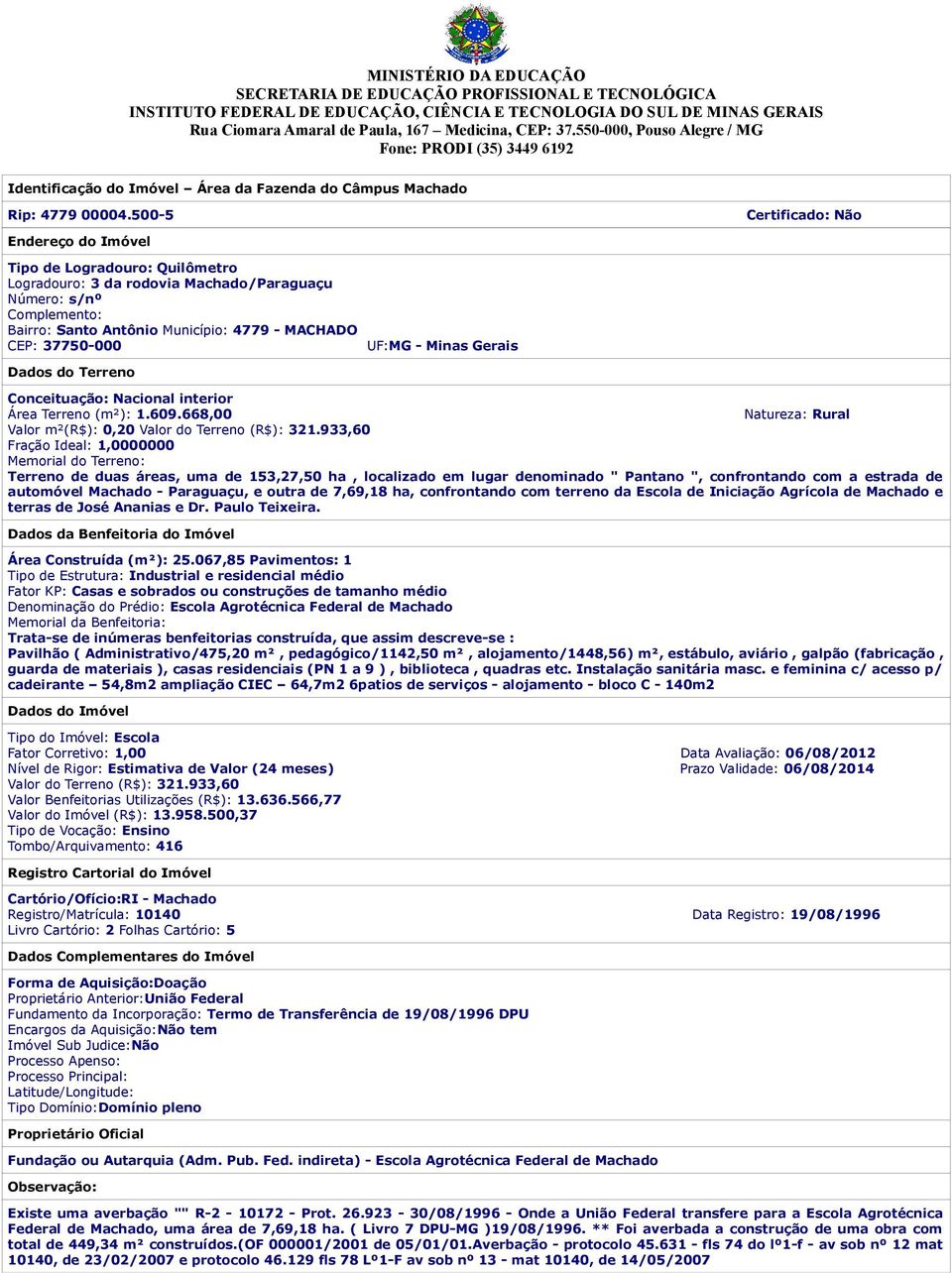 500-5 Certificado: Não Endereço do Imóvel Tipo de Logradouro: Quilômetro Logradouro: 3 da rodovia Machado/Paraguaçu Número: s/nº Complemento: Bairro: Santo Antônio Município: 4779 - MACHADO CEP: